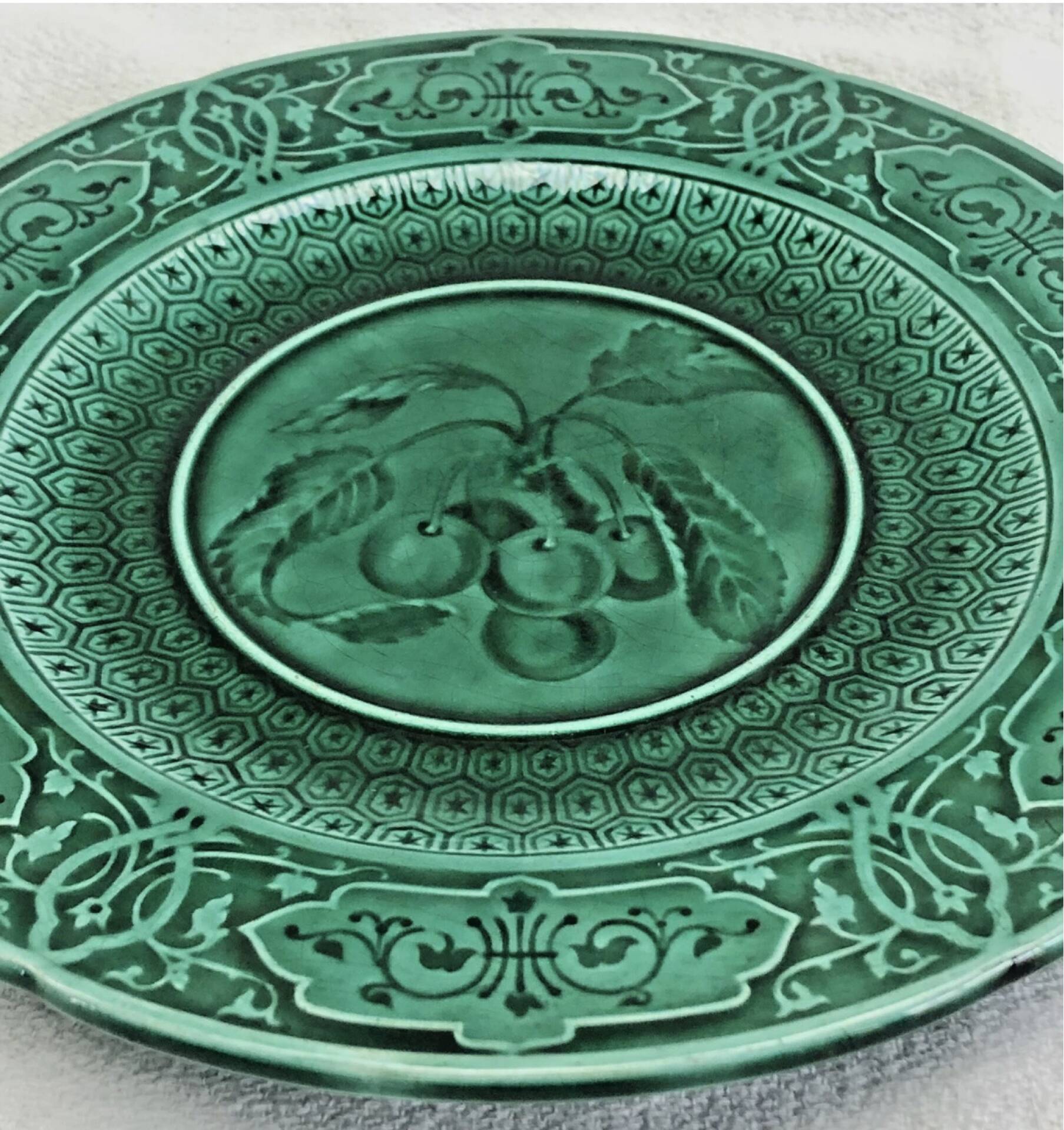 3 fruit plates Sarreguemines majolica shaded enamel Rubelles