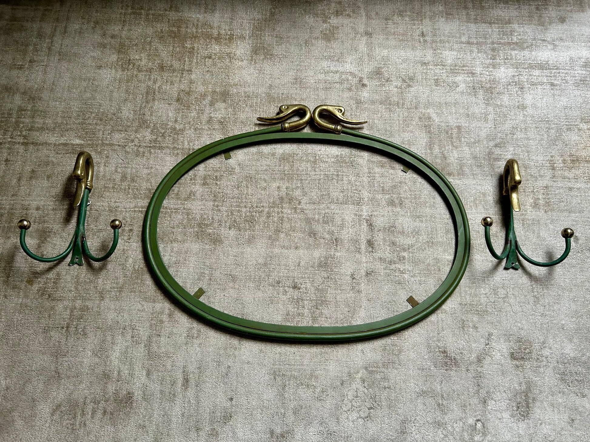 Rare set of swan neck coat hooks with mirror frame attributed to Maison Jansen, France, 1950s.