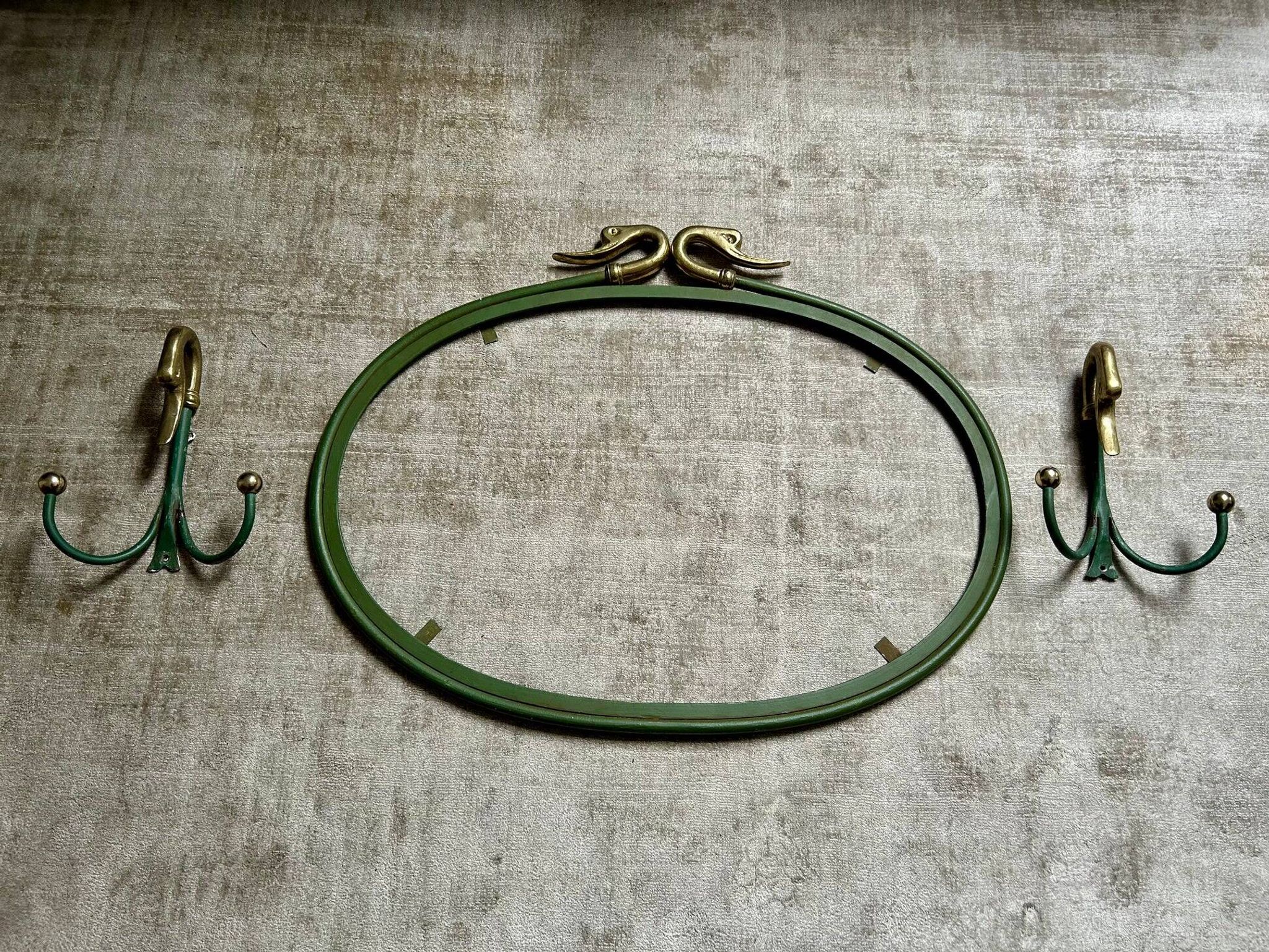 Rare set of swan neck coat hooks with mirror frame attributed to Maison Jansen, France, 1950s.