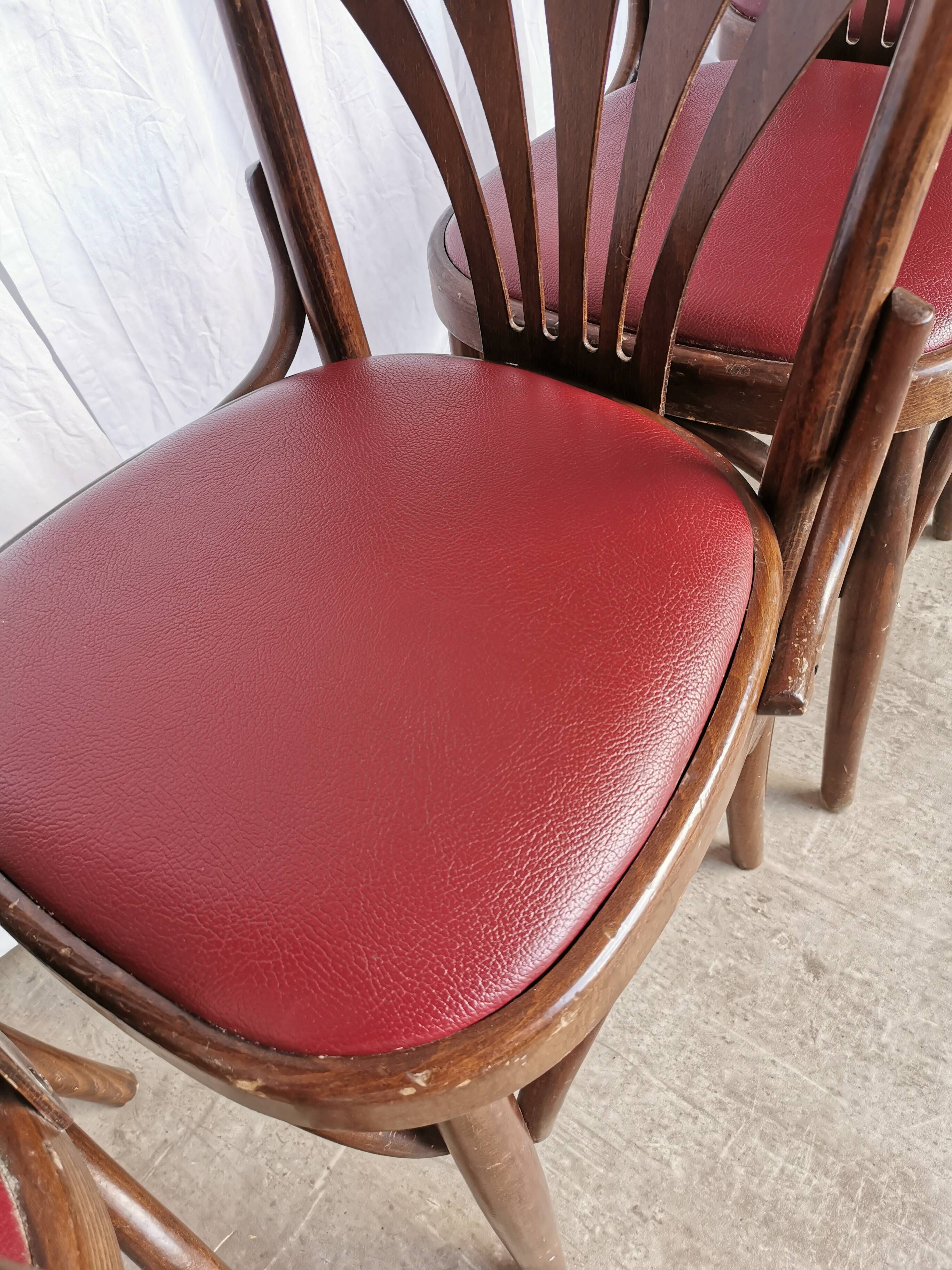 Vintage Bentwood Dining Chairs - Thonet Style - Red Faux Leather - Set of 4