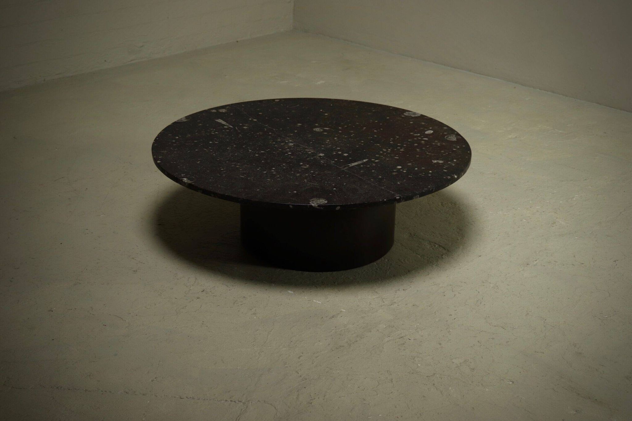 Rare fossil stone and steel coffee table by Metaform 1970s