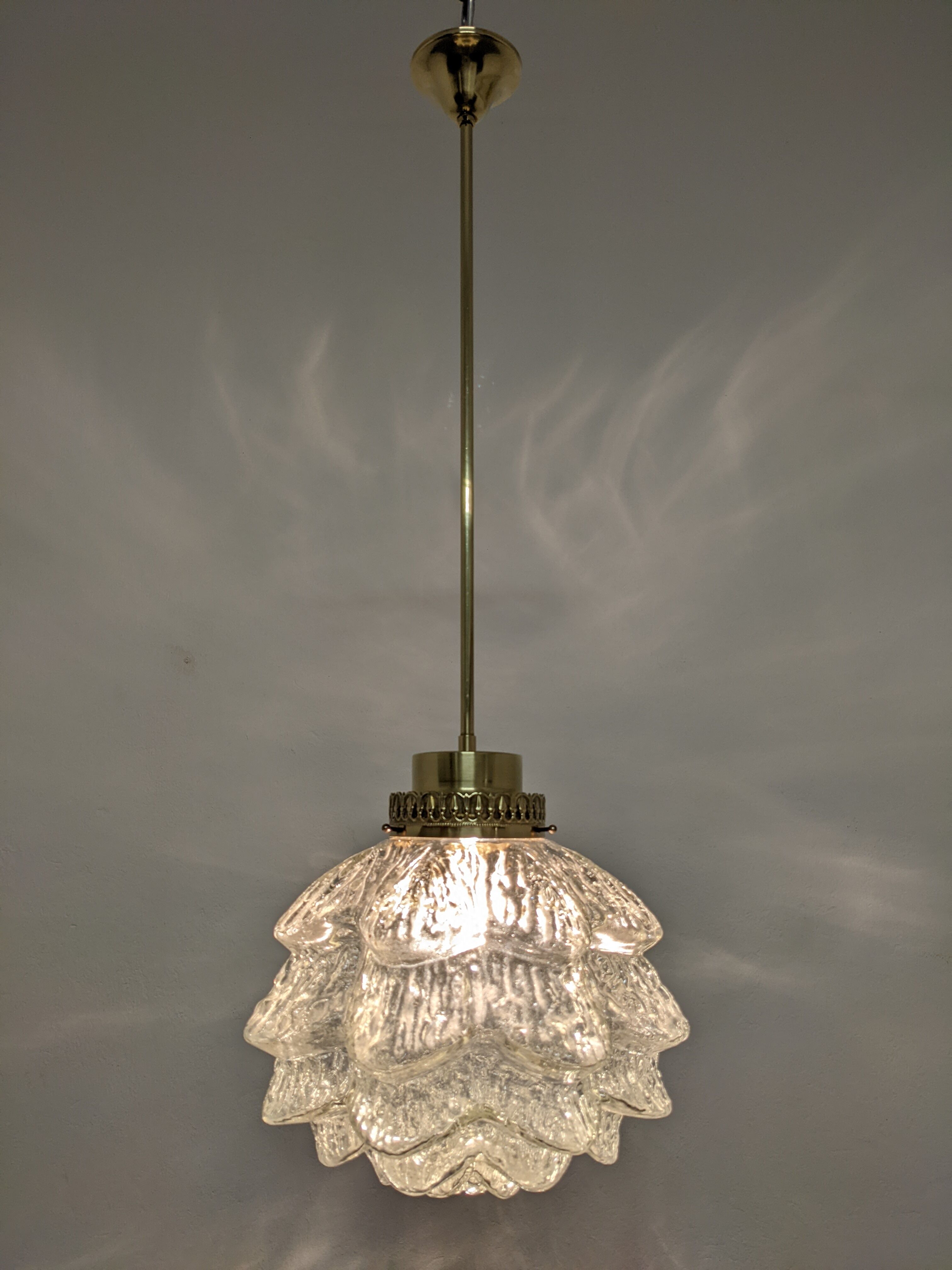 Glass and brass flower pendant lamp in art deco style