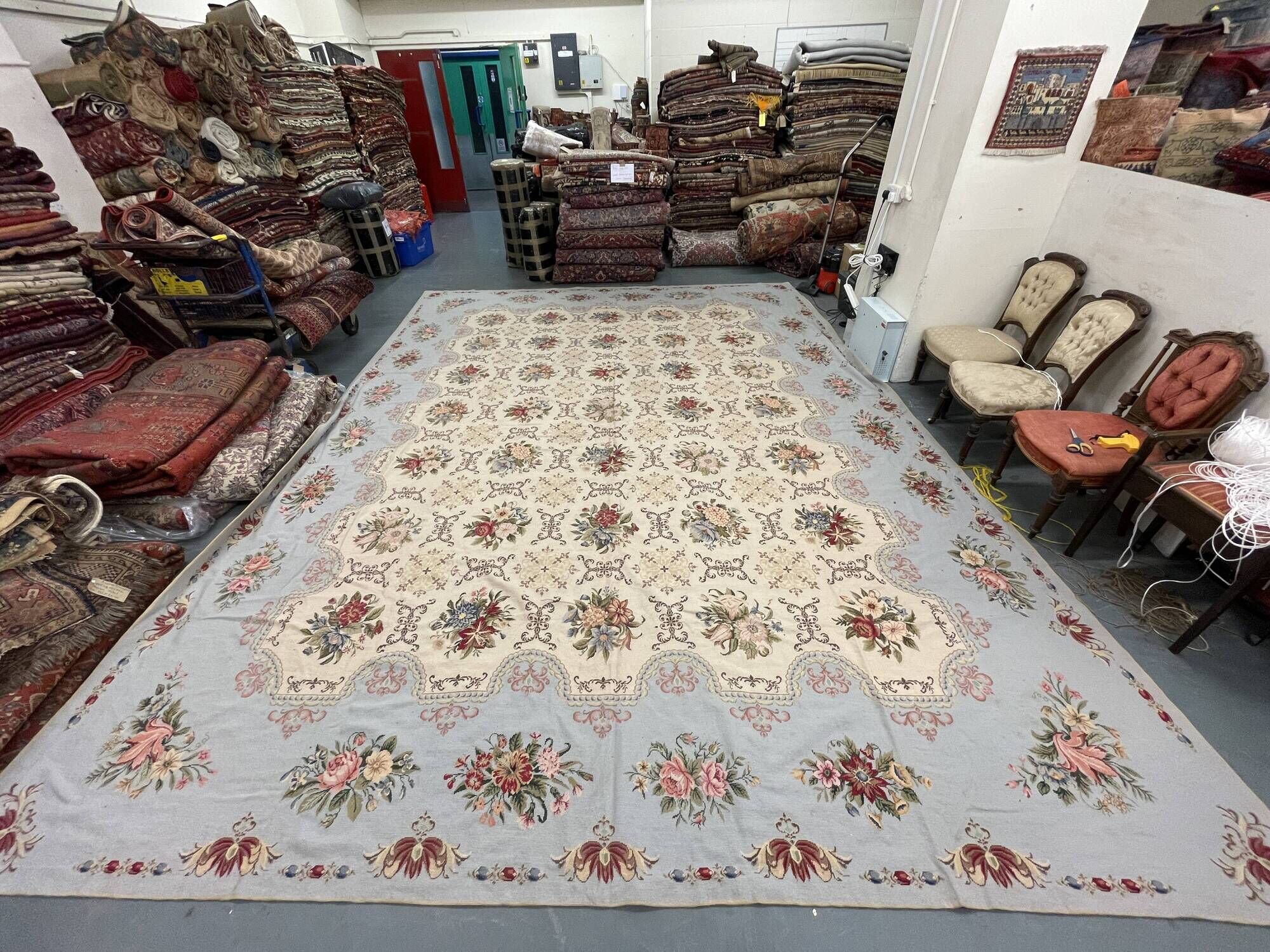 Very Large Aubusson Style Needlepoint Rug 360x470 cm Blue Floral Flatweave Wool