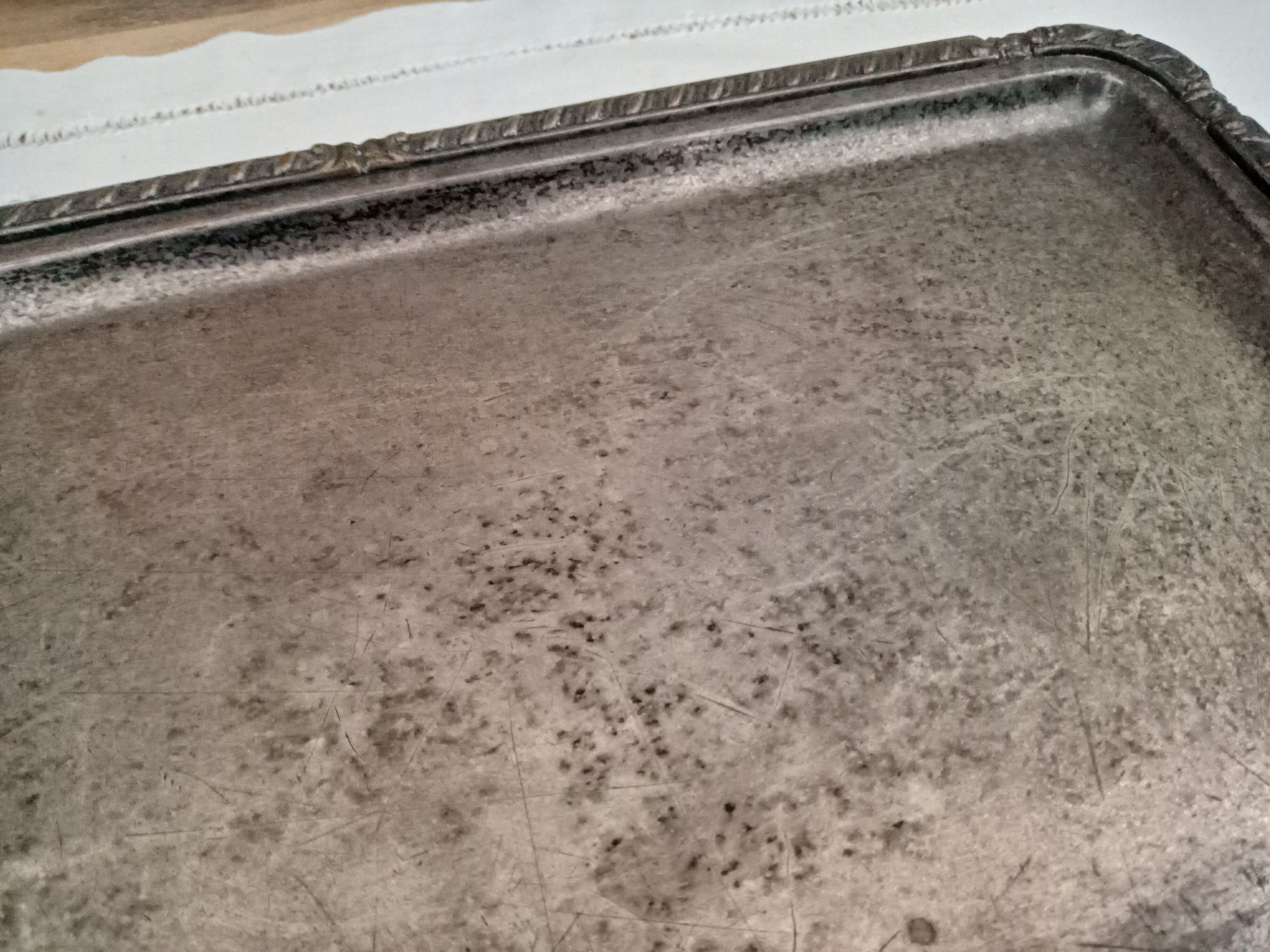 Rectangular silver metal tray 2 handles, decorative frieze