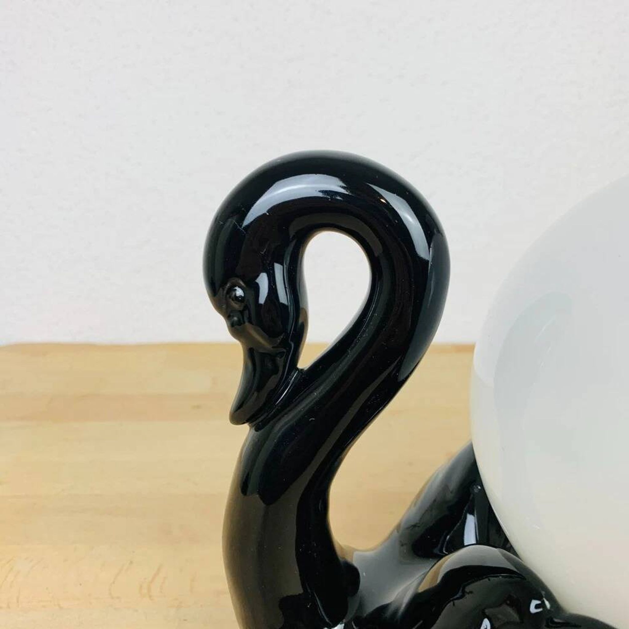 Black ceramic swan lamp with vintage opaline globe