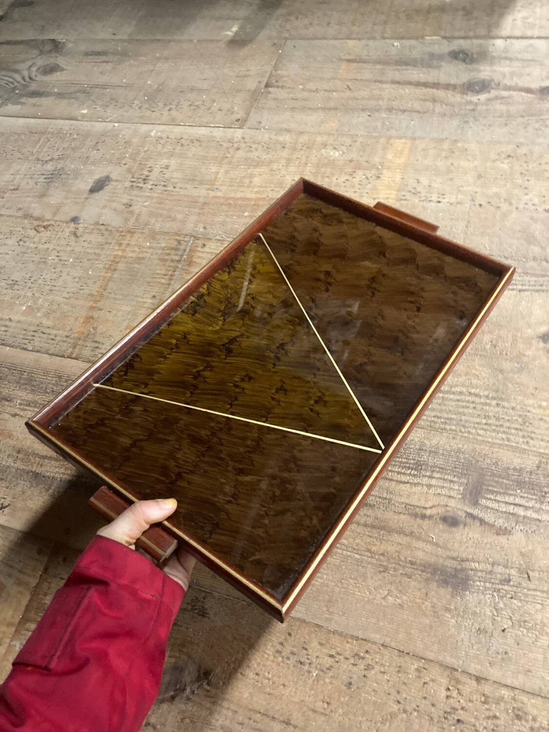 Rectangular art deco wood and glass tray