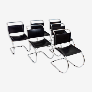 Ensemble de 6 chaises MR10 en cuir noir de Ludwig mies van der rohe