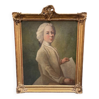 Portrait ancien français non signé d'un jeune homme tenant une lettre, encadré