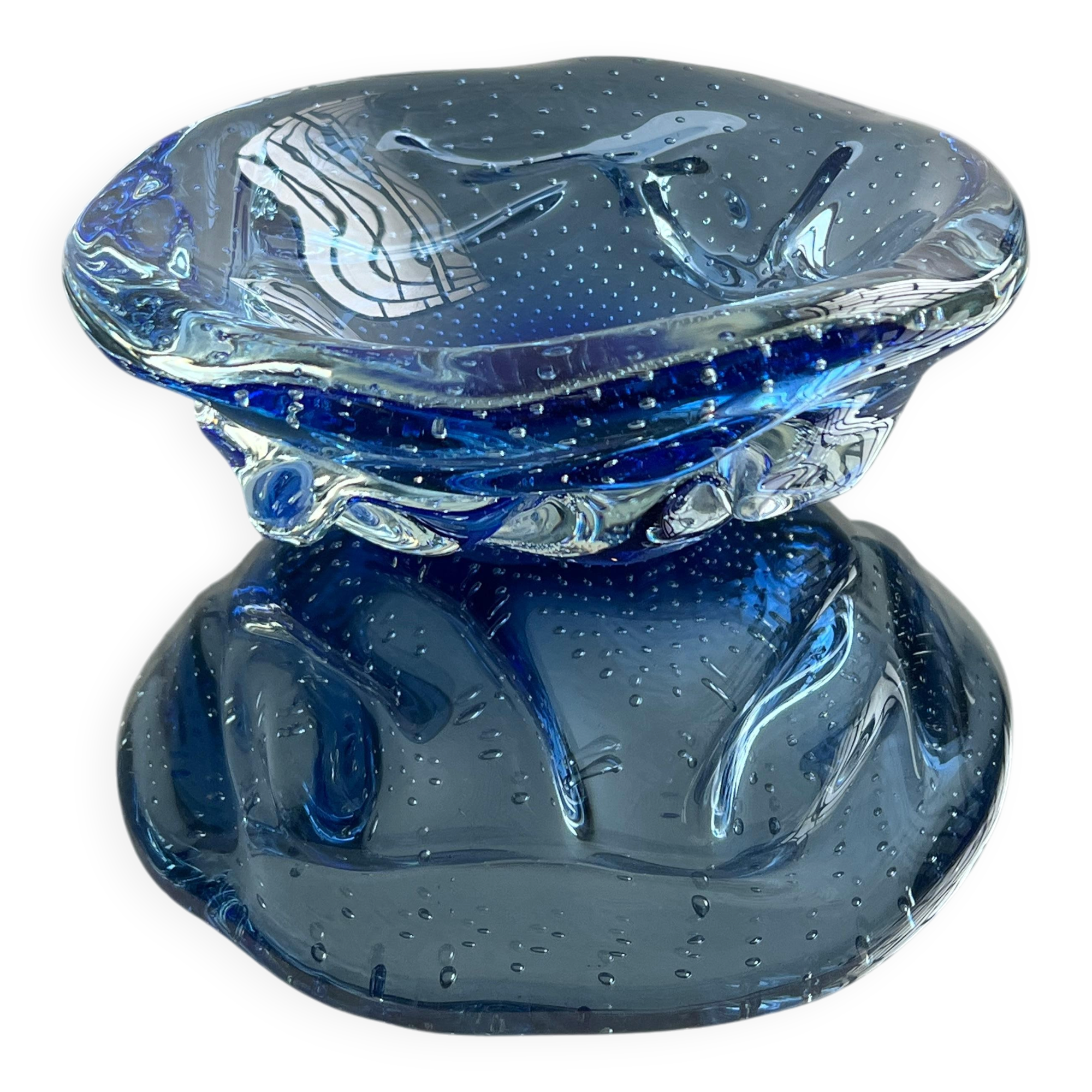 Bol décoratif en verre de Murano "Bullicante" bleu, objet de collection vintage