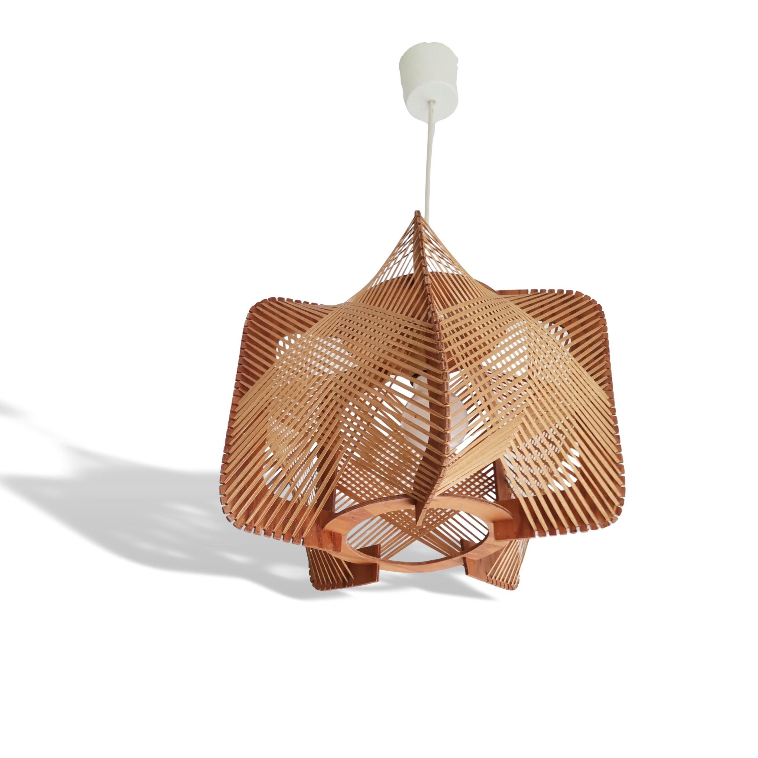 Vintage 60s wooden wood straw hanging lamp