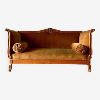 Bench, roller daybed in chiseled wood and ocher velvet, mid-19th century