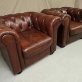 Brown brown leather chesterfield armchairs