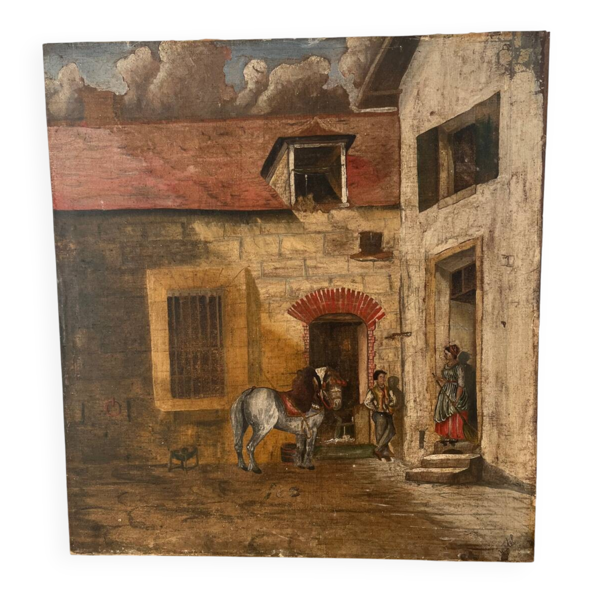 Oil on panel, "Farmyard with Horse"