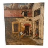 Oil on panel, "Farmyard with Horse"