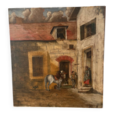 Oil on panel, "Farmyard with Horse"