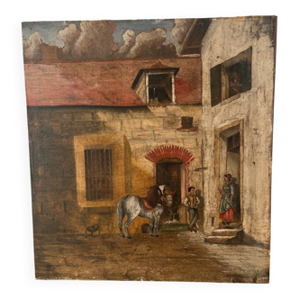 Oil on panel, "Farmyard with Horse"