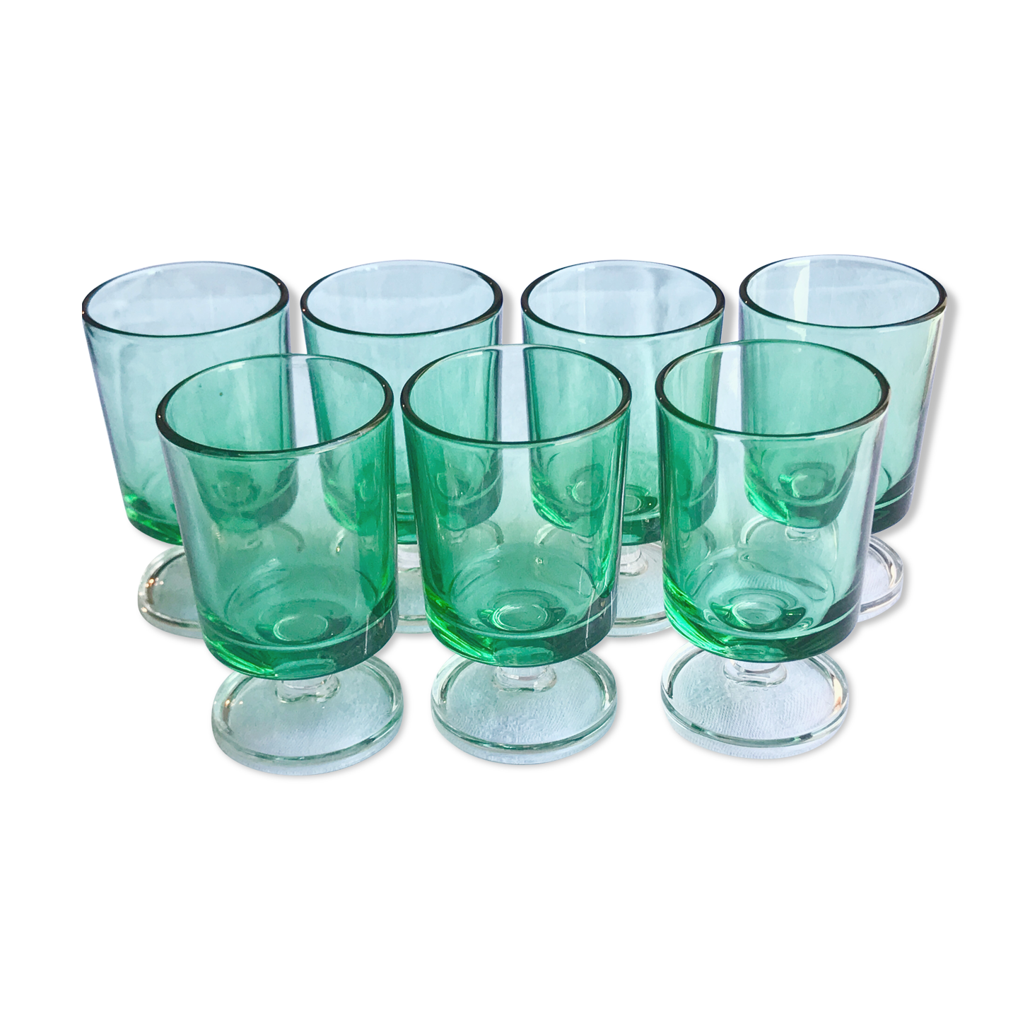 luminarc france - 7 glasses with liqueur "cavalier" of green color - vintage 70s