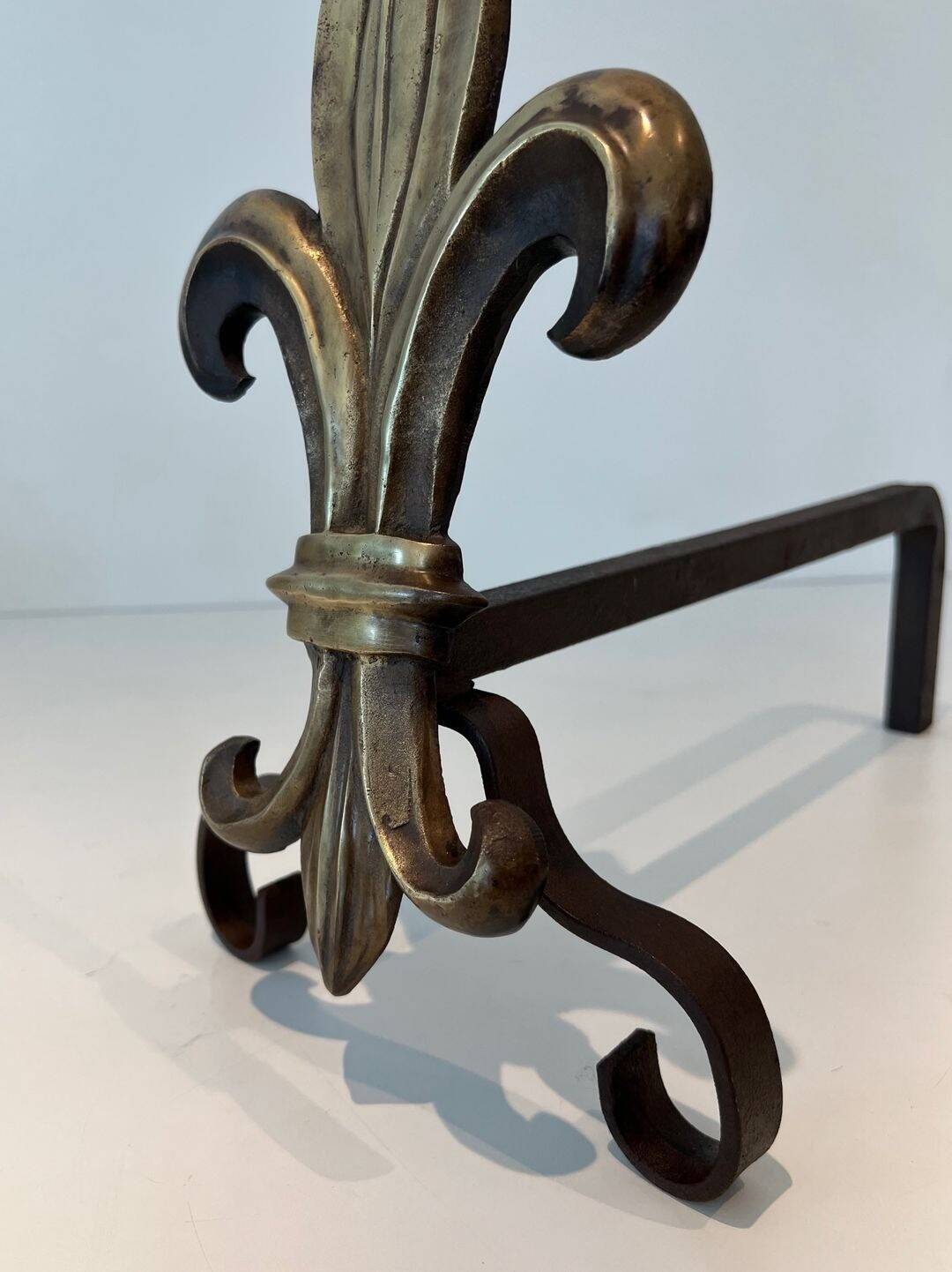Pair of Bronze and Wrought Iron Chenets with Fleur-de-Lys Supports. France.