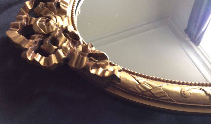 Large Baroque Mirror • Oval Arch • Carved Wood • Resin • 1950