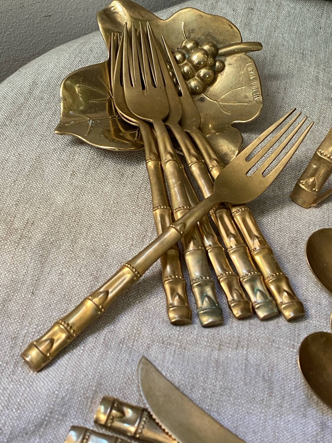 Nickel-plated bronze cutlery set, bamboo style
