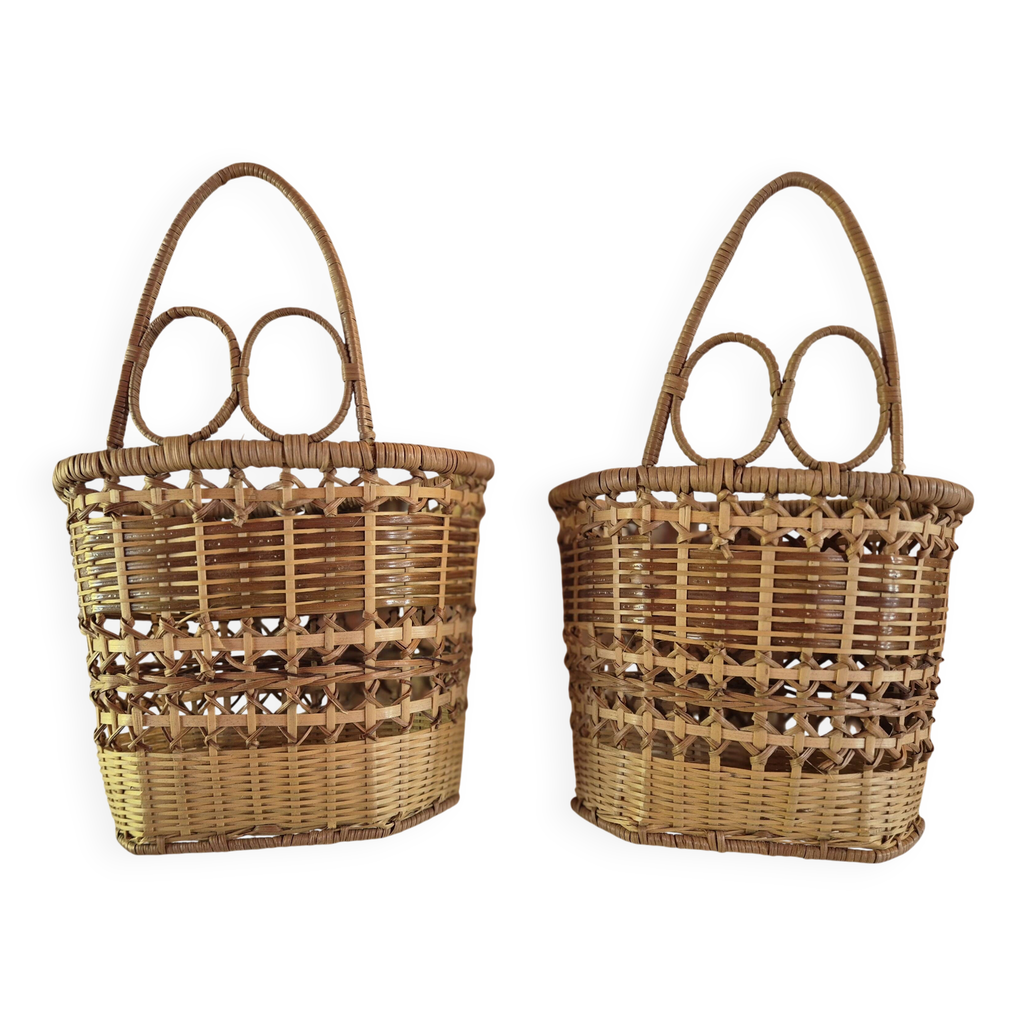 set of 2 vintage hanging rattan baskets
