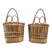 set of 2 vintage hanging rattan baskets