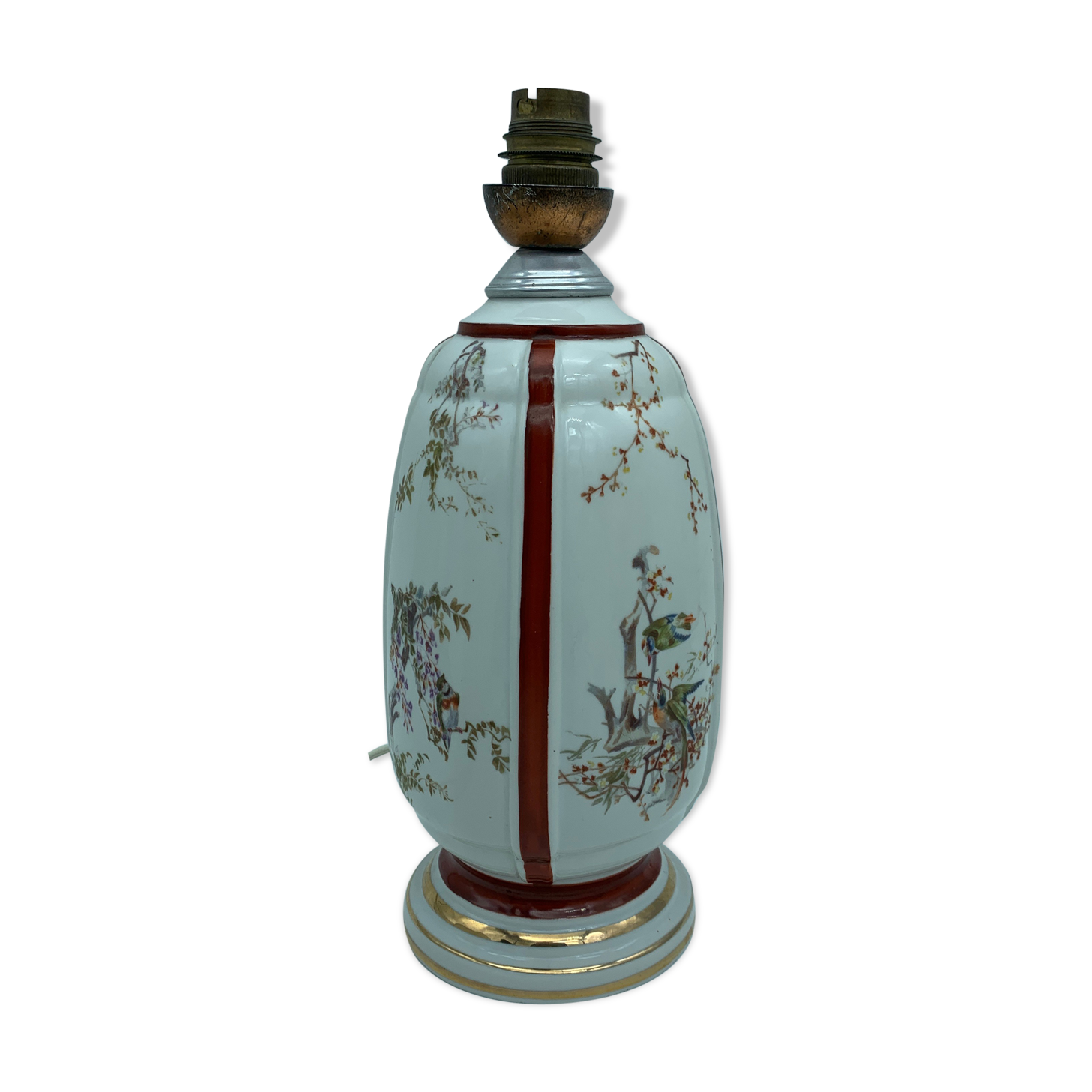 Foot antique porcelain lamp has early 20th century bird decoration (Limoges Paris?)