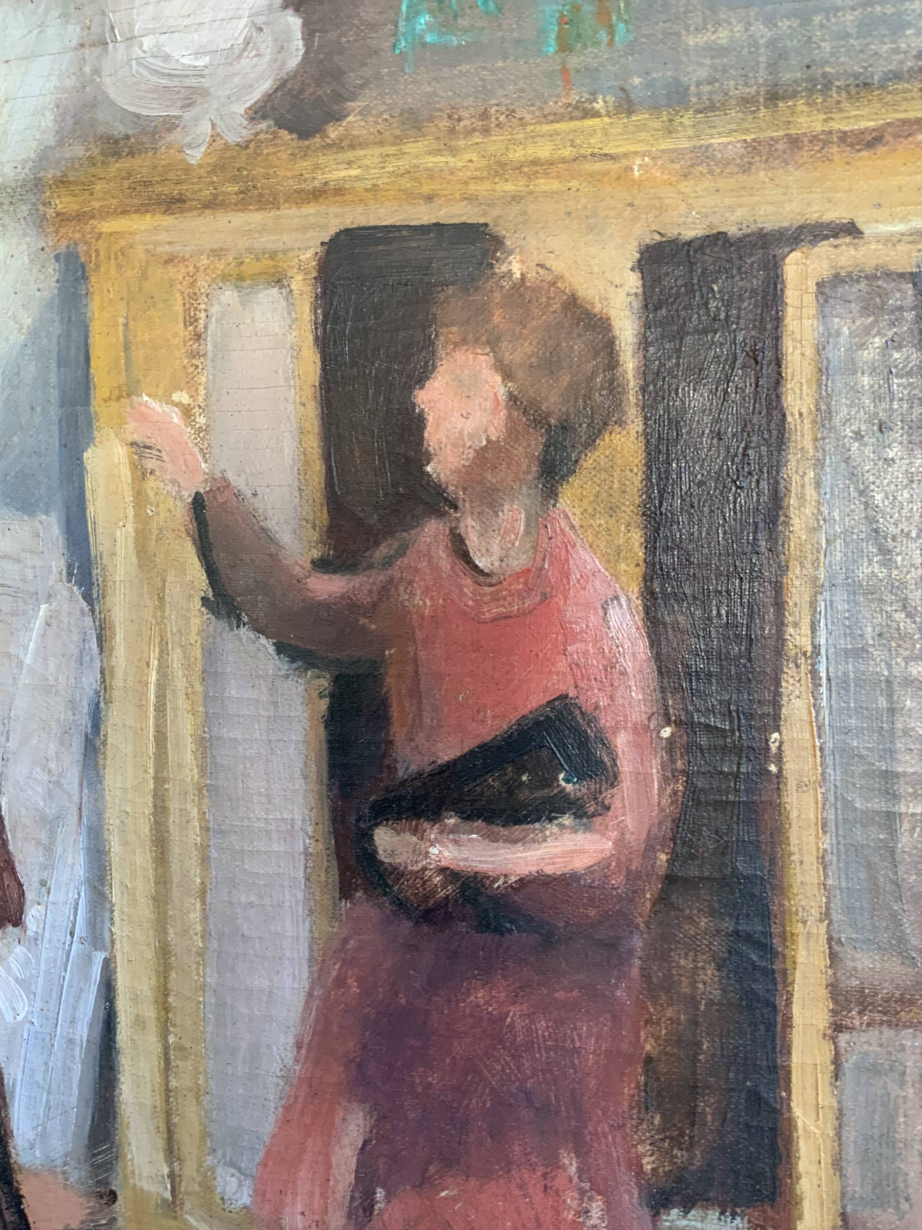 Vintage Oil On Canvas Interior with Woman Signed By Artist W.S., circa 1950s