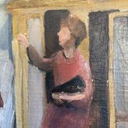 Vintage Oil On Canvas Interior with Woman Signed By Artist W.S., circa 1950s