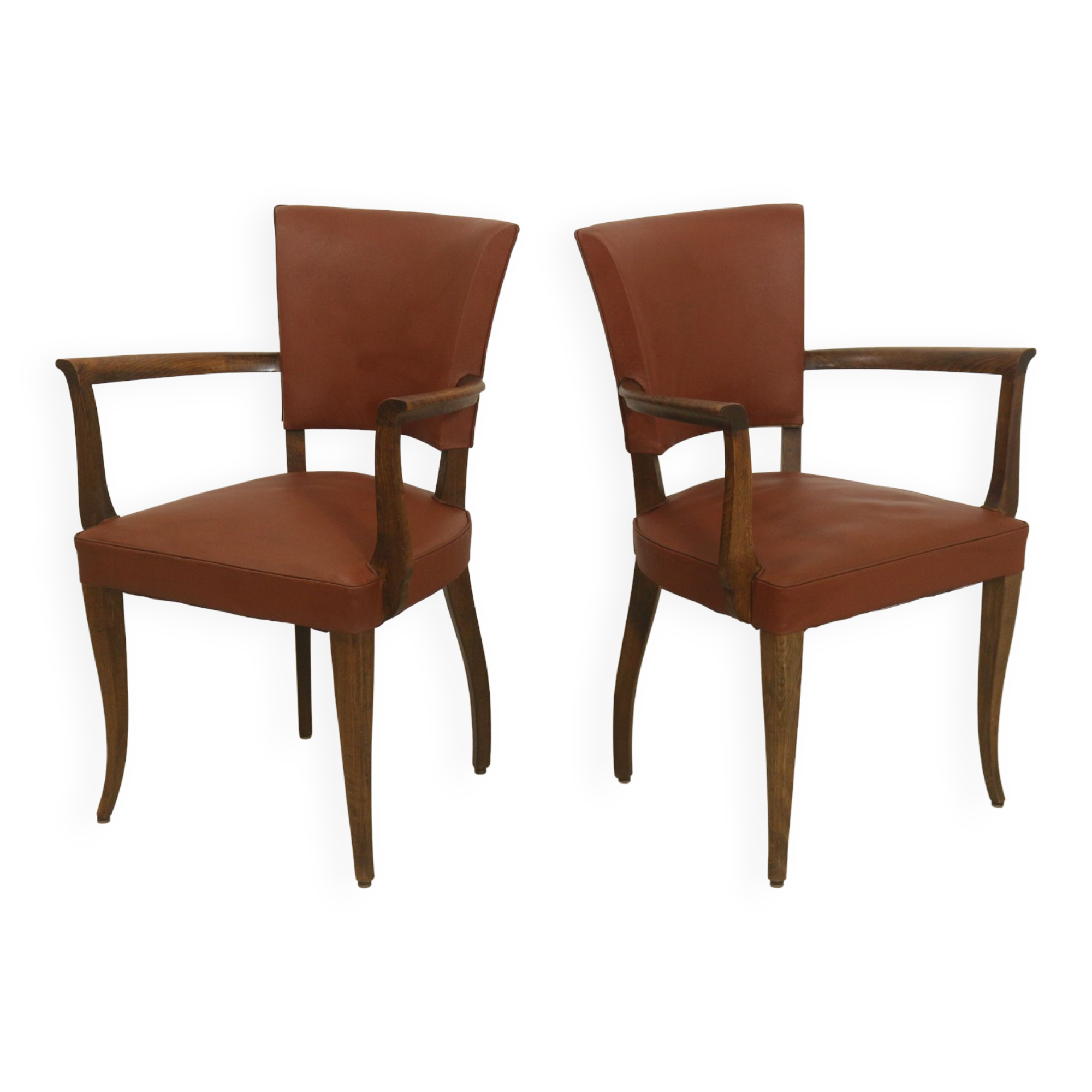 Pair of vintage bridge armchairs year 60 in imitation rust leather.