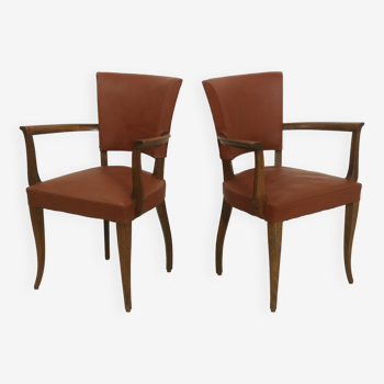Pair of vintage bridge armchairs year 60 in imitation rust leather.