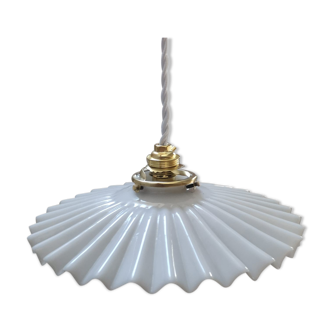 Old suspension opaline lampshade white serrated / pleated deco 1930 TBE