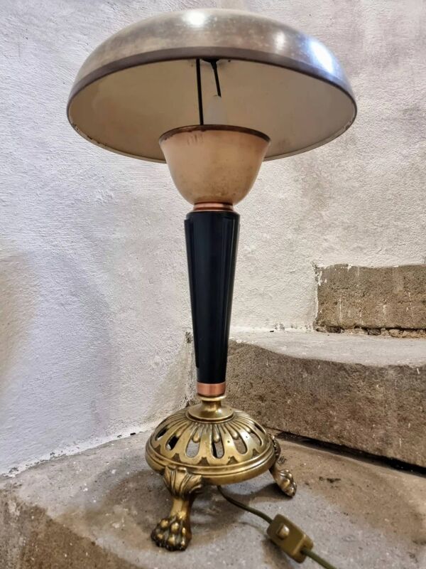 Lampe de table art déco vintage – cuivre, laiton et bakélite – abat-jour champignon – années 1920