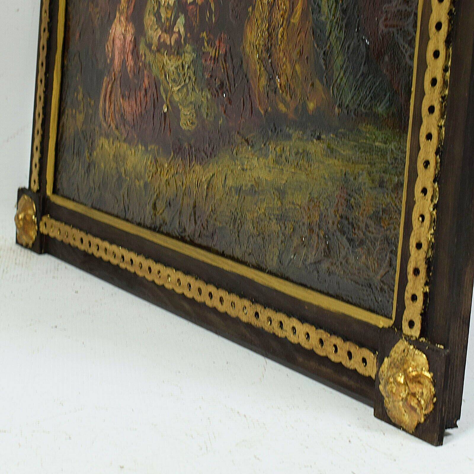 Old oil painting genre scene women walking in the forest - French school