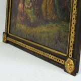Peinture à l'huile ancienne scène de genre femmes marchant dans la forêt - Ecole française