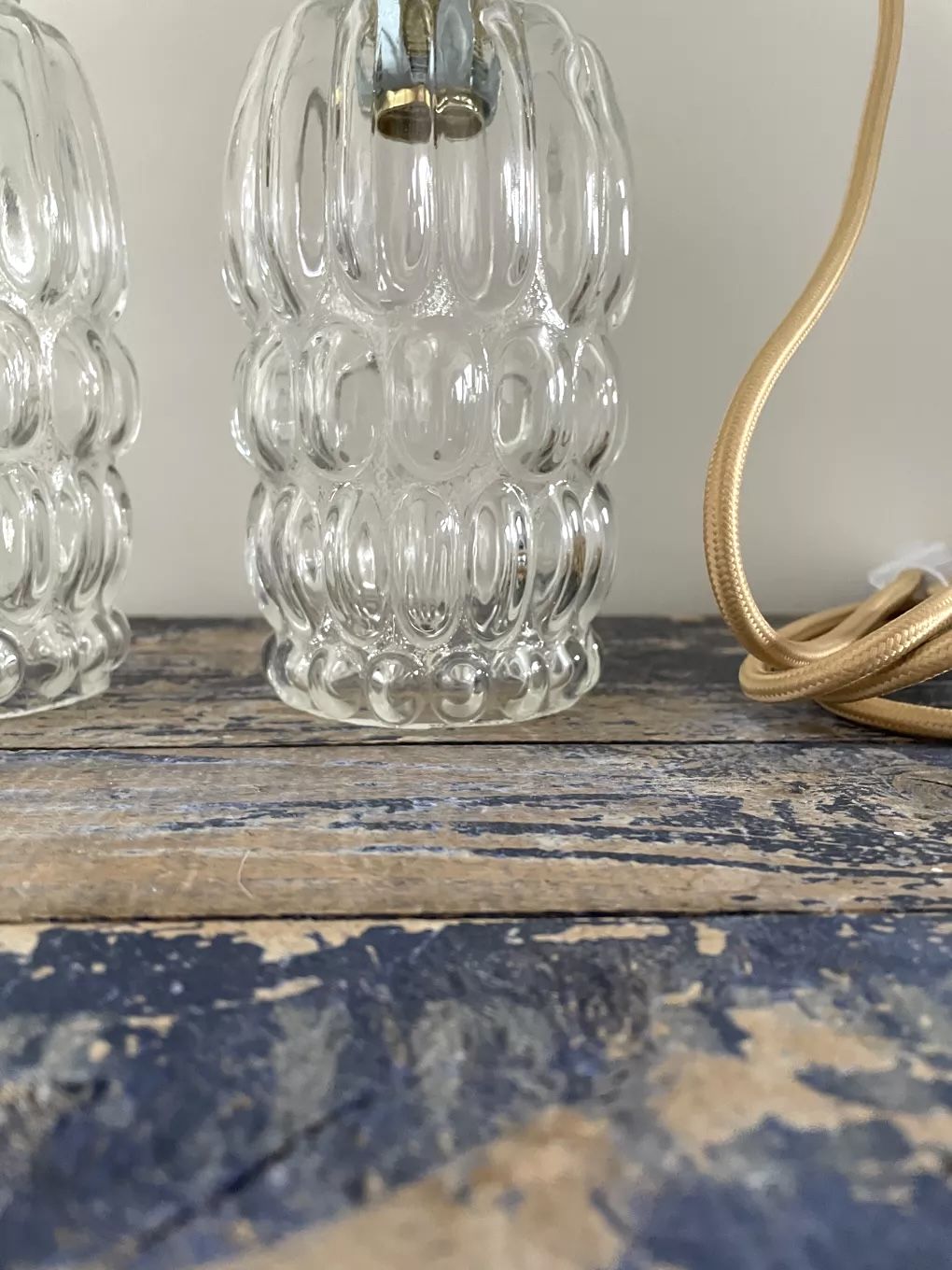 Set of two vintage electric chiseled glass walking lamps