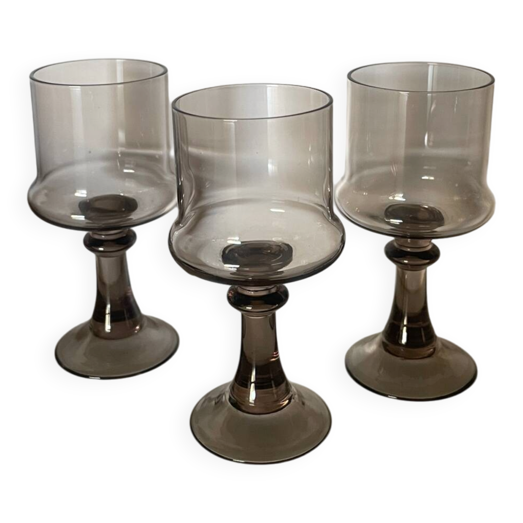 3 stemmed digestif glasses, smoked brown glass