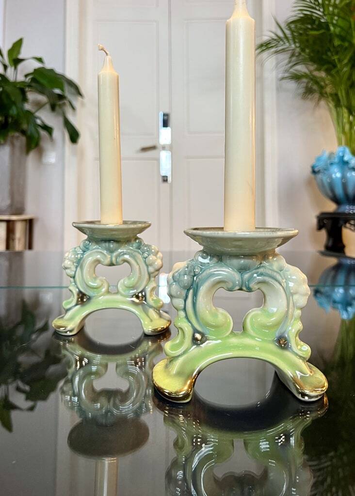 Paire de bougeoirs vintage - faïence céramique verte et bleue - bougies décoration