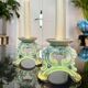 Paire de bougeoirs vintage - faïence céramique verte et bleue - bougies décoration