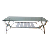 table basse rectangulaire en verre fumé et chrome double plateaux Design 1970