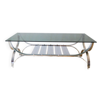 table basse rectangulaire en verre fumé et chrome double plateaux Design 1970