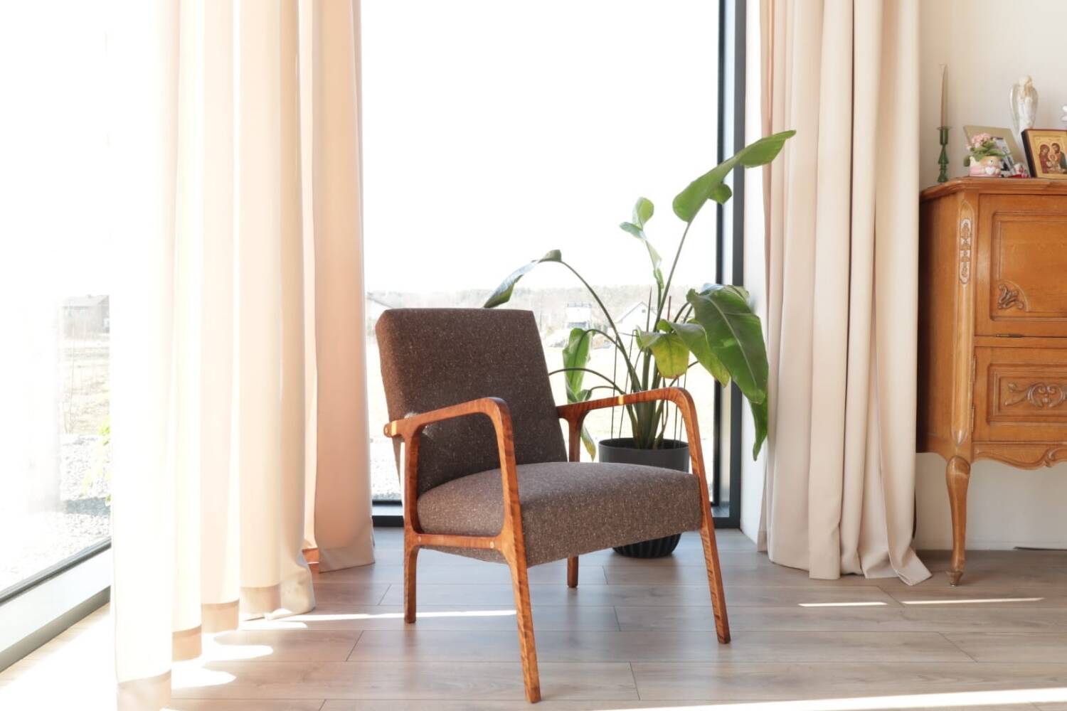 Mid Century Armchair Cacao Tweed Upholstery, 1960, Poland