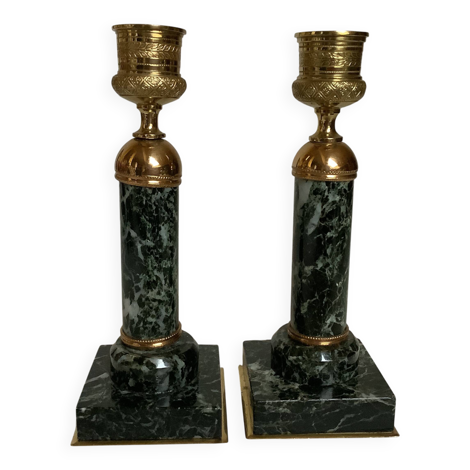 Pair of green marble and brass column candlesticks