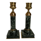 Pair of green marble and brass column candlesticks