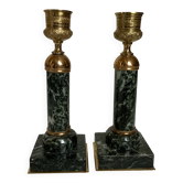 Pair of green marble and brass column candlesticks