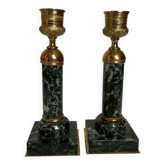Pair of green marble and brass column candlesticks