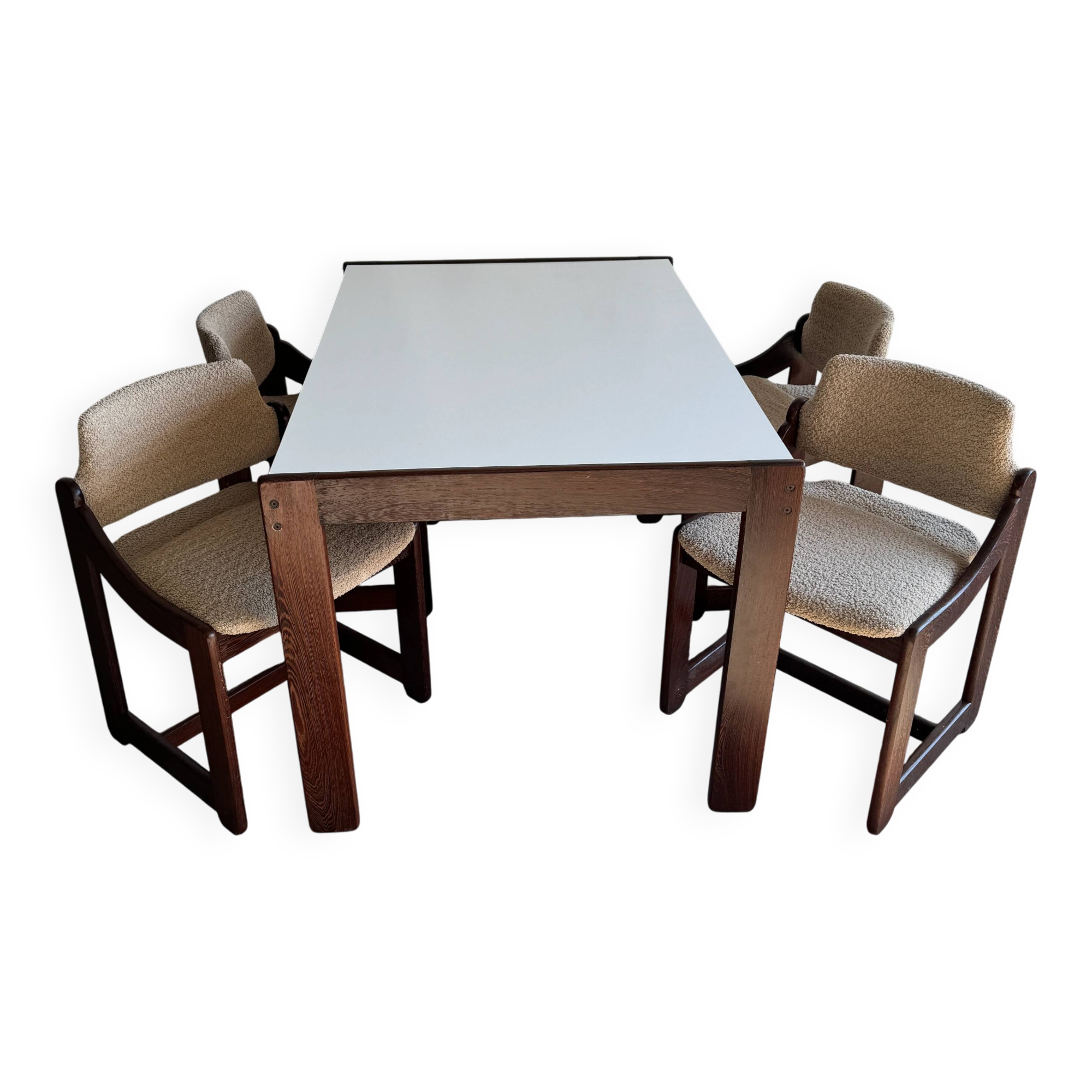 Mid-century white laminate dining table with dark wood base and 4 beige upholstered chairs