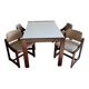 Mid-century white laminate dining table with dark wood base and 4 beige upholstered chairs