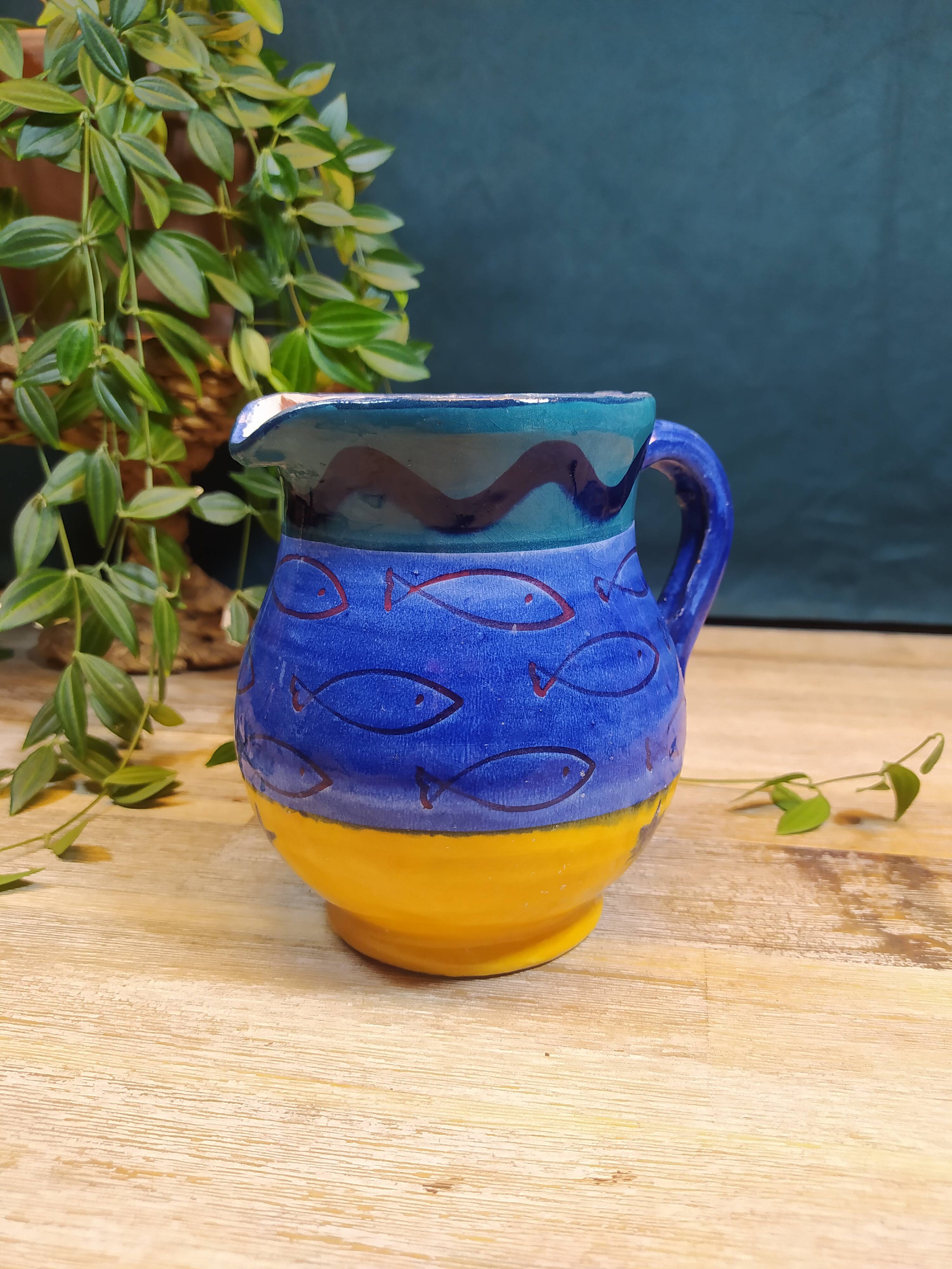 Carafe en Grès Bleu et Jaune à Motifs