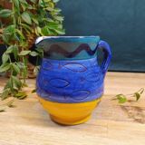 Carafe en Grès Bleu et Jaune à Motifs